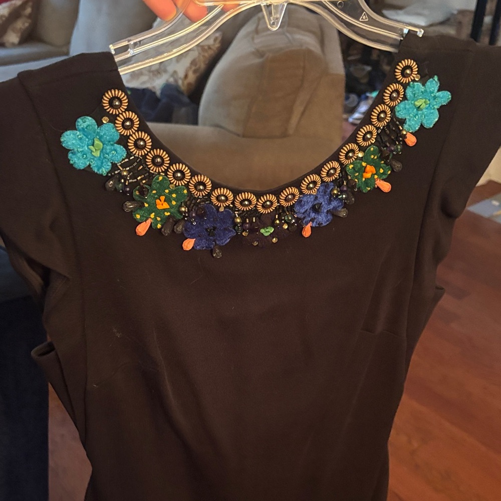 Anthropologie Black Dress with Blue and Green Floral Embellishments